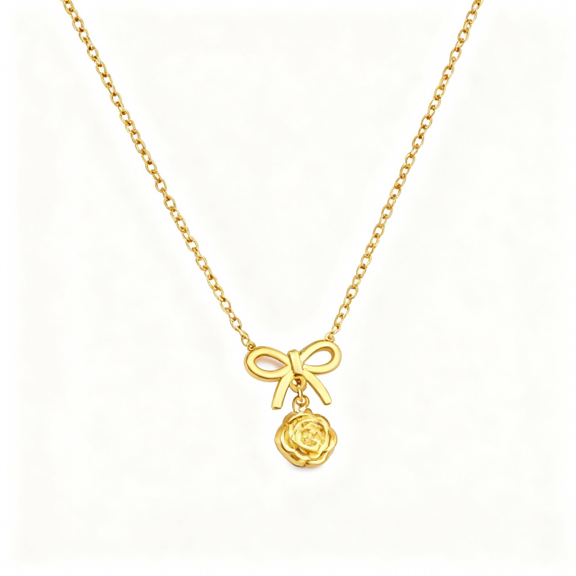 Elegant Gold Bow & Rose Pendant Necklace
