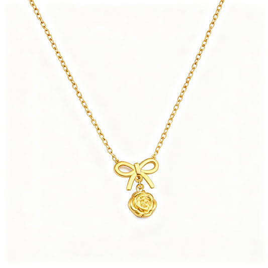 Elegant Gold Bow & Rose Pendant Necklace