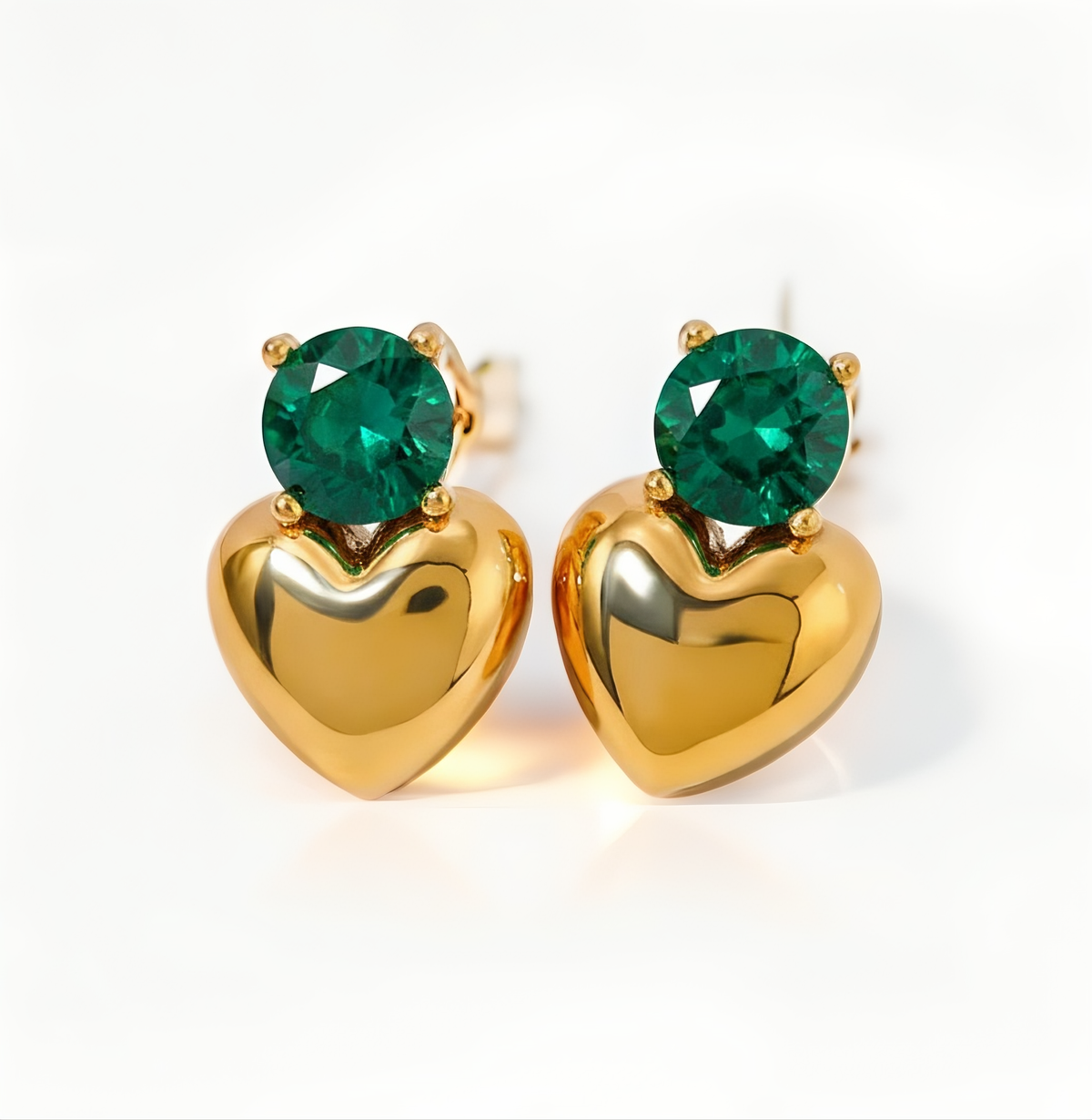 Gold Heart Stud Earrings with Green Crystal – Elegant Minimal Jewelry