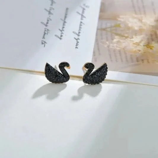 Black Swan with Crystal Pierced Ear Studs – Stainless Steel, Elegant Design - 3243326