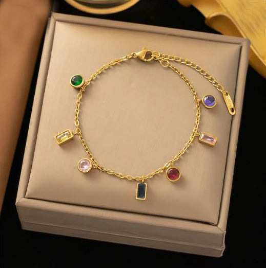 Multicolor Gemstone Gold Charm Bracelet for Women