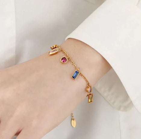 Multicolor Gemstone Gold Charm Bracelet for Women