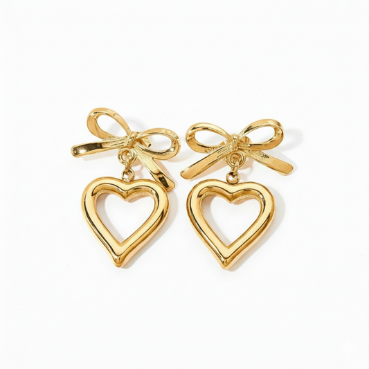 Chic Gold Bow & Open Heart Drop Earrings – Romantic Statement Jewelry