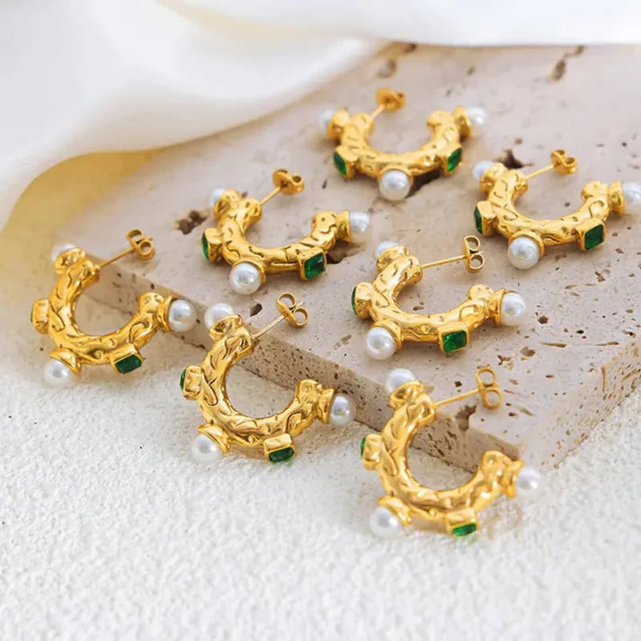Emerald Pearl Hoop Earrings - Crazy Women