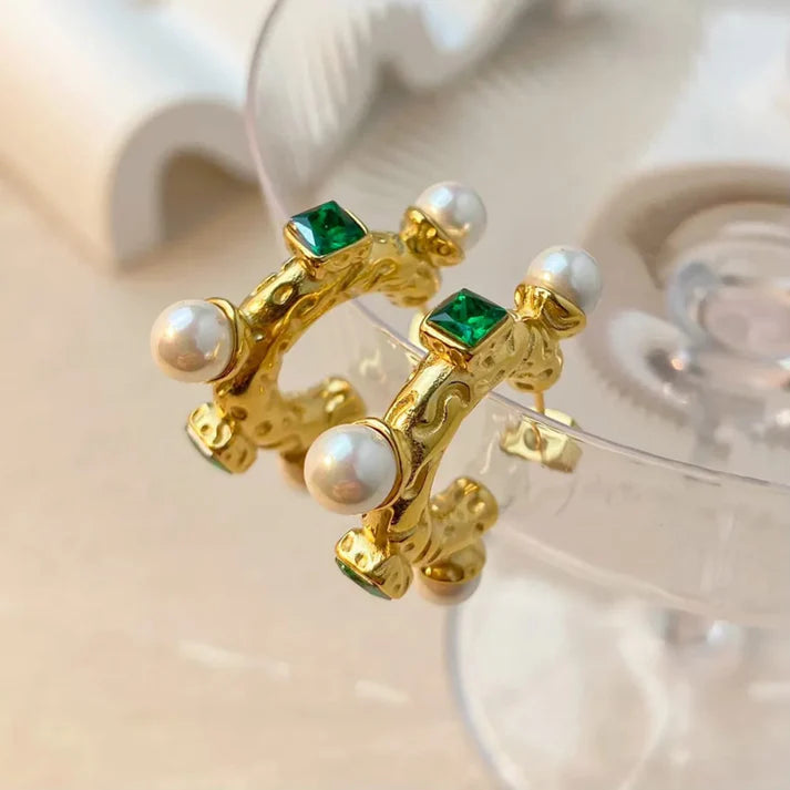 Emerald Pearl Hoop Earrings
