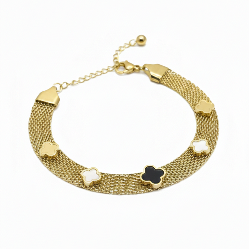 Luxury Gold Mesh Bracelet with Multi-Color Clover Charms