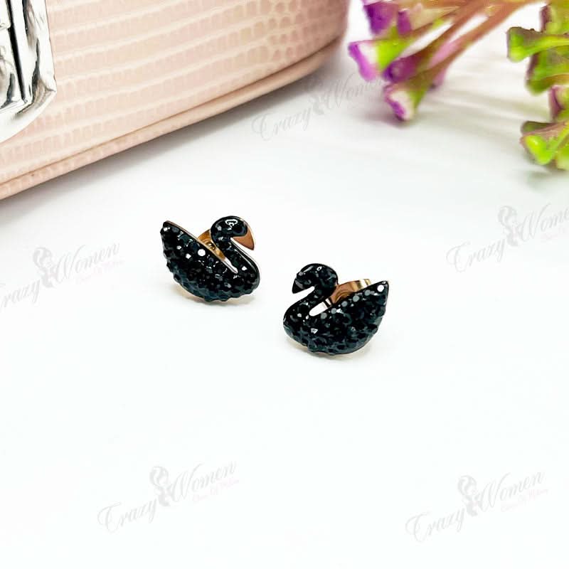 Black Swan with Crystal Pierced Ear Studs – Stainless Steel, Elegant Design - 3243326