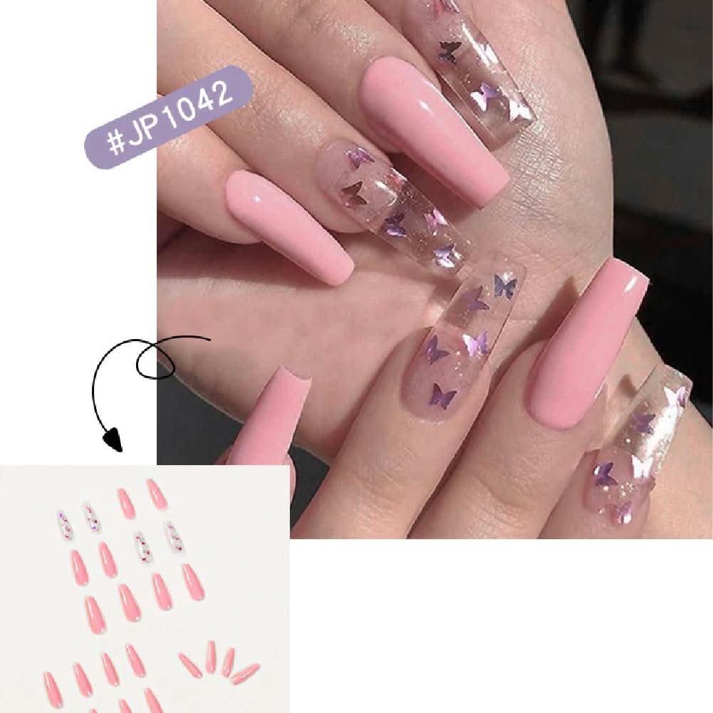 Fashion Pink Laser Butterfly Art Finished Nail with Stickers