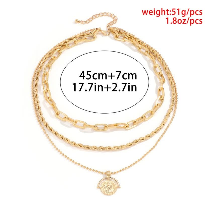 Fashion Twist Chain Portrait Pattern Pendant Multilayer Necklace - 3243359